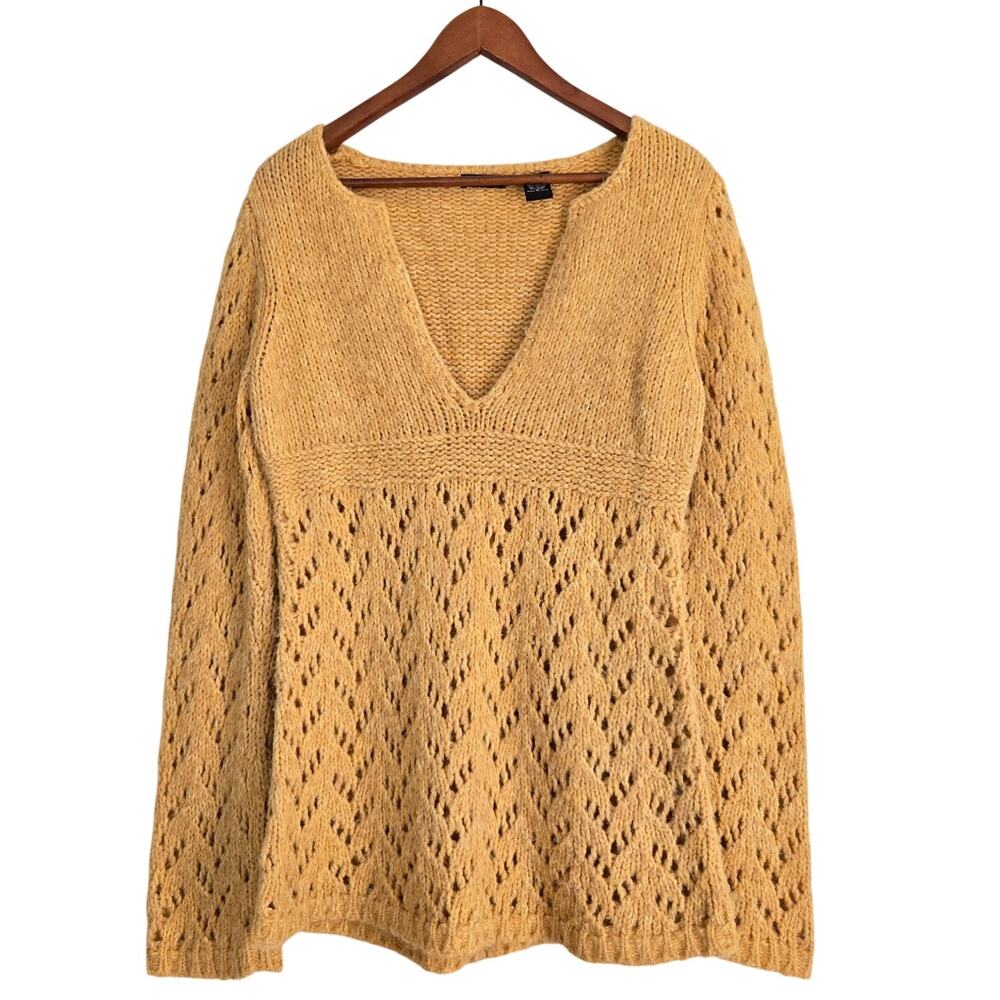 Whimsical Fairycore Empire Waist Open‑Knit Long Sleeve Tan Wool/Acrylic Blend M 